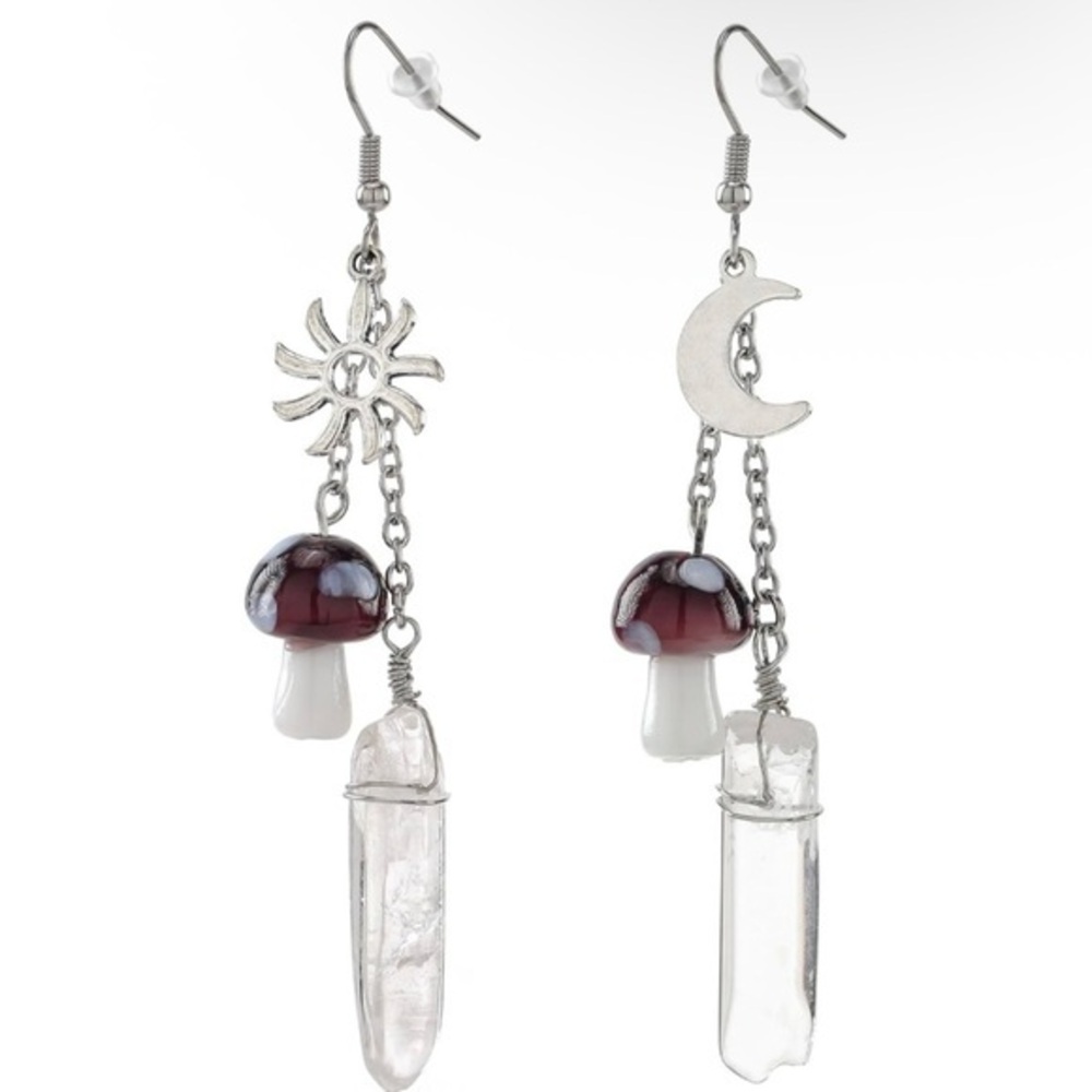 Silver Celestial Mushroom Dangle Earrings
